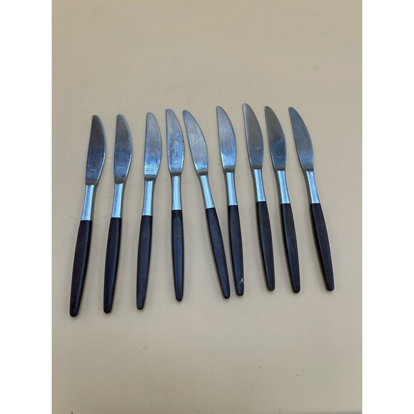 9 Piece Lot MCM Pyramid Stainless Wood Handle Flatware Dinner Butter Knife Canoe - Picture 2 of 4
